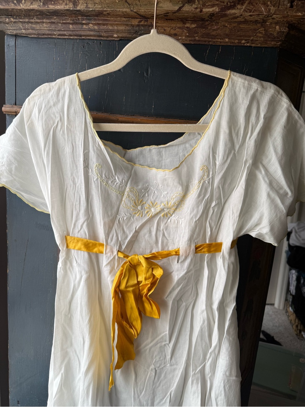 Edwardian Embroidered Cotton Dress with Mustard Sash